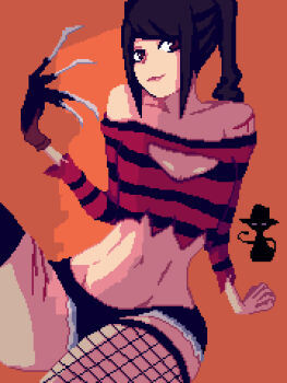 1girl a_nightmare_on_elm_street asymmetrical_legwear bishoujo_terror claw_(weapon) clawed_gauntlets cleavage_cutout clothing_cutout cosplay denim denim_shorts freddy_krueger_(bishoujo_terror) freddy_krueger_(bishoujo_terror)_(cosplay) highres jill_stingray kotobukiya_bishoujo looking_at_viewer lzmdru4_1 navel pixel_art shorts solo thighhighs va-11_hall-a weapon