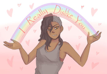 1girl asymmetrical_hair axolotl-anne black_hair borrowed_character commentary dark-skinned_female dark_skin english_commentary english_text grey_tank_top hair_between_eyes heart long_hair original papyrus_(font) rainbow sidecut solo tank_top undercut upper_body yellow_eyes