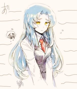 Rule 34 | 1girl, angela (project moon), black vest, blue hair, breasts, closed mouth, coat, collared shirt, crying, highres, large breasts, lobotomy corporation, long hair, long sleeves, necktie, parted bangs, project moon, red necktie, shirt, sidelocks, solo, surumenabe, upper body, very long hair, vest, white coat, white shirt, yellow eyes