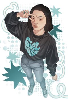 Rule 34 | 1girl, aqua nails, asian, black hair, black shirt, commentary, denim, english commentary, english text, full body, grey pants, highres, jeans, jewelry, kirsssche, life is strange (series), life is strange 2, looking to the side, lyla park, pants, ring, shirt, short hair, solo, v