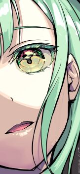 Rule 34 | 1girl, absurdres, bang dream!, bang dream! it's mygo!!!!!, close-up, commentary, dated, green hair, grey background, highres, nobusawa osamu, open mouth, sidelocks, solo, wakaba mutsumi, yellow eyes