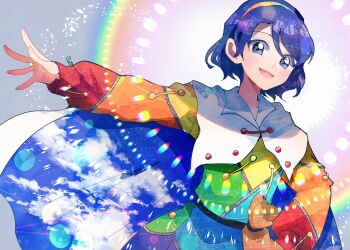1girl belt belt_pouch black_belt collared_cape commentary_request dress dutch_angle grey_eyes hairband hand_on_own_hip itomugi-kun long_sleeves looking_at_viewer multicolored_dress multicolored_hairband open_mouth outstretched_arm partial_commentary patchwork_clothes pouch rainbow rainbow_hairband short_hair sky_print smile solo tenkyuu_chimata touhou two-sided_fabric upper_body zipper_pull_tab