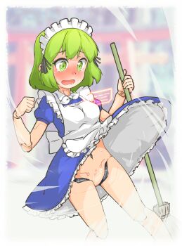 1girl absurdres android apron blue_dress blush borisx breasts broom commentary_request commission damaged dress frilled_dress frills green_eyes green_hair highres joints maid maid_apron maid_headdress mechabare no_panties open_mouth pixiv_commission robot robot_joints ruukoto touhou touhou_(pc-98) white_apron wind wind_lift