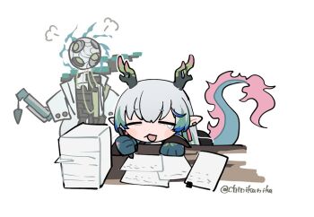 1boy arknights artist_name blue_hair blush_stickers chibi chinikuniku closed_eyes dragon_boy dragon_horns dragon_tail earclip earrings green_hair grey_hair holding holding_pen horns jewelry long_hair male_focus multicolored_hair open_mouth paper paper_stack pen pointy_ears robot simple_background smile solo table tail tassel tassel_earrings tearing_up upper_body white_background writing yi_(arknights)