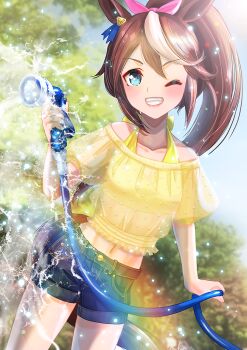 1girl animal_ears bikini black_shorts blue_eyes blush bow brown_hair collarbone commentary_request dated_commentary ear_bow ear_ribbon grin hair_between_eyes high_ponytail highres holding holding_hose horse_ears horse_girl horse_tail hose long_hair looking_at_viewer multicolored_hair one_eye_closed open_mouth otono_(bkt4b) outdoors ponytail see-through_clothes see-through_shirt shirt short_sleeves shorts smile solo streaked_hair swimsuit tail teeth tokai_teio_(umamusume) two-tone_hair umamusume water white_hair yellow_bikini yellow_shirt