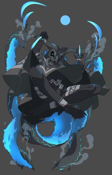 1girl absurdly_long_hair absurdres animal_skull antlers aqua_hair arms_up barefoot black_hair black_nails black_skin blue_eyes blue_hair body_markings breasts colored_skin crossed_legs fingernails floating floating_clothes floating_hair from_below glowing glowing_eyes glowing_hair glowing_horns grey_background hands_up highres horns incoming_attack indian_style linea_alba long_bangs long_hair looking_down multicolored_hair navel orb original pattern_request poncho powering_up prehensile_hair shadow sharp_fingernails sharp_toenails sitting skull_on_head smoke smoke_trail solo tentacle_hair toenails two-tone_hair two-tone_poncho underboob very_long_fingernails very_long_hair very_long_toenails wen_(yamunashi_(soregoshi)) yamunashi_(soregoshi)