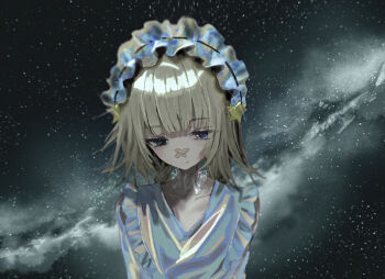 1girl bandaid bandaid_on_face bandaid_on_nose blonde_hair commentary crossed_bandaids frilled_hairband frills hairband half-closed_eyes hayu_(hayu0305) looking_at_viewer medium_hair milky_way original solo star_(sky) upper_body