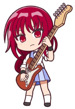 Rule 34 | 1girl, angel beats!, black wrist cuffs, blue skirt, blush, chibi, chibi only, closed mouth, commentary request, eyes visible through hair, frown, full body, guitar, hair between eyes, highres, holding, holding guitar, holding instrument, instrument, iwasawa masami, long hair, long sleeves, looking at viewer, miniskirt, pleated skirt, red eyes, red hair, shinda sekai sensen uniform, shirt, simple background, skirt, sleeves rolled up, socks, solo, standing, transparent background, user uvgr2282, white shirt, white socks, wrist cuffs