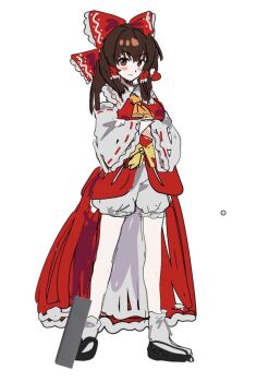 1girl an_(anananan393939) ascot black_sandals bloomers blush bow brown_eyes brown_hair closed_mouth cookie_(touhou) crossed_arms detached_sleeves frilled_bow frilled_hair_tubes frills full_body hair_bow hair_tubes hakurei_reimu kanna_(cookie) long_hair looking_at_viewer orange_ascot red_bow red_shirt ribbon-trimmed_sleeves ribbon_trim sandals shirt simple_background sleeveless sleeveless_shirt smile socks solo standing touhou underwear white_background white_bloomers white_sleeves white_socks zouri