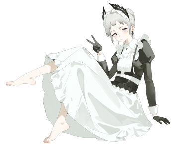 1girl absurdres arknights barefoot blush feet grey_eyes grey_hair highres irene_(arknights) long_hair looking_at_viewer m_ask maid ponytail toes v