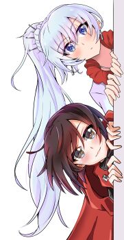 Rule 34 | 2girls, absurdres, bakuma, blue eyes, blush, cape, closed mouth, commentary request, earrings, grey eyes, hair between eyes, high side ponytail, highres, hood, hooded cape, jewelry, long hair, looking at viewer, multiple girls, peeking out, red cape, red hood, ruby rose, rwby, scar, scar across eye, scar on face, short hair, simple background, very long hair, weiss schnee, white background, white hair