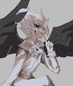 Rule 34 | 1boy, black wings, coat, commentary request, crossed legs, demon wings, facing to the side, finger to mouth, fur-trimmed jacket, fur-trimmed sleeves, fur trim, grey background, grin, hair slicked back, hand on ground, highres, invisible chair, jacket, looking at viewer, male focus, monochrome, monsterification, muted color, pants, purple eyes, shingetsu rei, sitting, smile, spiked hair, spot color, spread legs, tenms 2515, upper body, vector (yu-gi-oh!), white coat, white hair, white pants, wide spread legs, wings, yu-gi-oh!, yu-gi-oh! zexal