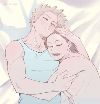 Rule 34 | 2boys, bakugou katsuki, blonde hair, boku no hero academia, collarbone, commentary, highres, hug, kirishima eijiro, male focus, multiple boys, open mouth, quietrespite, red hair, scar, scar on face, sharp teeth, short hair, spiked hair, tank top, teeth, twitter username, upper body, white tank top, yaoi