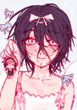 2girls alien_stage black_hair blue_eyes bow closed_mouth commentary dress hair_bow highres holding holding_mini_person medium_hair mini_person minigirl mizi_(alien_stage) multiple_girls official_alternate_costume pirasa_(everlandroads) sleeveless sleeveless_dress smile sua_(alien_stage) symbol-only_commentary white_bow white_dress