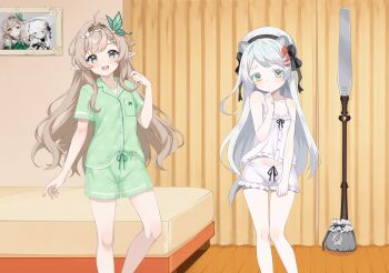 2girls ahoge alternate_costume animal_ears bed blush bow breasts brown_hair closed_mouth commission eruu_claymie flat_chest green_eyes grey_hair hair_ornament hat highres hisui_hotaru indoors izigenia kiniro_tofu long_hair looking_at_viewer multiple_girls open_mouth otter_ears otter_girl otter_tail pajamas pants pointy_ears ribbon shorts small_breasts smile standing tail takara_live thighs virtual_youtuber