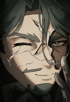 1boy black_background broken_mask challia_bull closed_eyes closed_mouth cracked_kawaii_mask cracked_mask facial_hair frown goatee grey_eyes grey_hair gundam gundam_gquuuuuux hand_on_own_face looking_at_viewer male_focus mask parted_hair portrait solo zerozany