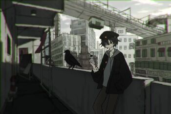 1boy 1girl animated bird black_hair building hat looking_at_another original standing tagme video wings yigo_(iprgyi)