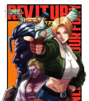 1girl 3boys belt black_belt blonde_hair blue_hair blue_mary blue_pants breasts brown_belt closed_eyes copyright_name cropped_jacket dobok facial_hair fatal_fury fatal_fury:_city_of_the_wolves finger_gun fingerless_gloves geese_howard gloves green_jacket grey_hair jacket kim_jae_hoon large_breasts loose_belt midriff multiple_boys muscular muscular_male navel one_eye_closed pants raydash30 snk wink wolfgang_krauser