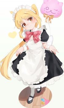 1girl absurdres alternate_costume apron balloon blonde_hair bocchi_the_rock! brown_eyes commentary eltir highres ijichi_nijika looking_at_viewer maid maid_headdress melting shoes smile solo symbol-only_commentary white_apron wooden_floor