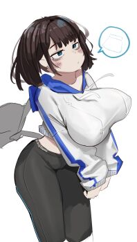 1girl breasts brown_hair highres hood hooded_jacket hoodie innosick jacket large_breasts original pantyhose standing white_background