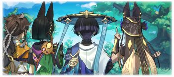 Rule 34 | 4boys, animal ear hood, animal ears, animal print, arm at side, belt, bird print, black belt, black bridal gauntlets, black gloves, black hood, black shrug, black sleeves, blue cape, blue hat, blue sky, blunt ends, border, braid, braided ponytail, bridal gauntlets, brown hair, cape, cloud, cloudy sky, commentary, cyno (genshin impact), dark-skinned male, dark skin, facing away, fake animal ears, fingernails, flower, fox ears, fringe trim, from behind, furisode, genshin impact, gloves, gold, gold trim, grass, green cape, green hair, green sleeves, grey hair, hand up, hat, hood, index finger raised, jackal ears, japanese clothes, jingasa, kimono, long hair, low ponytail, median furrow, multicolored hair, multiple boys, open hands, orange flower, outdoors, ponytail, purple flower, purple hair, purple rope, rope, scaramouche (genshin impact), scarf, sethos (genshin impact), shirt, short hair, short sleeves, shrug (clothing), sky, streaked hair, tighnari (genshin impact), tree, vambraces, w 0reha, wanderer (genshin impact), watermark, white border, white hair, white kimono, white shirt, white sleeves, yellow scarf