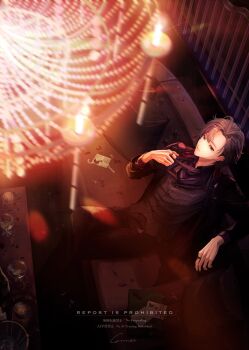 1boy absurdres adjusting_clothes adjusting_necktie black_jacket black_pants blurry blurry_foreground ca_mei chandelier closed_mouth commentary_request couch ear_piercing from_above full_body fuwa_minato fuwa_minato_(2nd_costume) glass grey_hair hair_between_eyes highres indoors jacket long_sleeves looking_at_viewer male_focus necktie nijisanji on_couch open_clothes open_jacket pants parted_bangs piercing purple_eyes sitting solo striped_clothes striped_vest vertical-striped_clothes vertical-striped_vest vest virtual_youtuber waistcoat