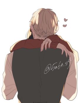 1boy 1girl black_hair blonde_hair commentary formal_clothes green_suit hetero hug husband_and_wife jewelry long_hair long_sleeves nako_(5a64_sf) ring shirt short_hair simple_background spy_x_family standing suit symbol-only_commentary twilight_(spy_x_family) wedding_ring white_background yor_briar