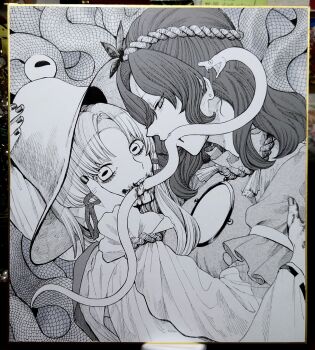 2girls absurdres animal autumn_leaves biting blood blood_drip blood_on_face blood_on_hands blood_on_mouth blood_on_teeth blood_stain bow breasts coil curly_hair earrings extra_eyes fang fang_out fangs fangs_out frilled_shirt_collar frilled_sleeves frills frog_girl guro hair_bow hair_ornament hand_on_another&#039;s_arm hand_on_another&#039;s_face hat highres horizontal_pupils jewelry juliet_sleeves large_breasts layered_clothes layered_shirt layered_sleeves leaf leaf_hair_ornament leaf_on_head long_sleeves looking_at_viewer medium_hair mirror monochrome moriya_suwako multiple_girls nail_polish parted_bangs photo_(medium) puffy_sleeves pyonta rope rope_around_wrist rope_necklace scales shirt single_earring slit_pupils smile snake snake_tail tail tassel teeth touhou traditional_media vest whoru wide_sleeves yasaka_kanako yuri