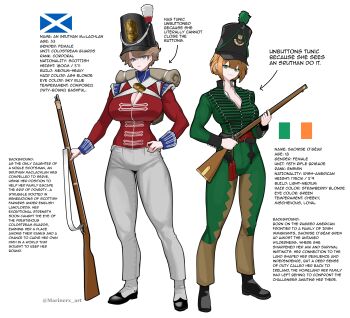 1girl absurdres backpack bag blonde_hair blue_eyes blush body_freckles boots breasts brown_hair cleavage coldstream_(marinerx) commentary english_commentary english_text freckles gun hat highres holding holding_weapon irish_flag large_breasts long_sleeves marinerx military_combat_uniform military_uniform multiple_girls original pants peaked_cap rifle scottish_flag short_hair soldier weapon