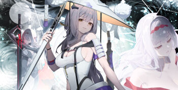 1girl absurdres armor bodysuit breasts cleavage commentary_request goddess_of_victory:_nikke grey_hair hat highres holding holding_sword holding_weapon japanese_armor japanese_hat jingasa kanon_(sinto) kote large_breasts long_hair looking_at_viewer multiple_views official_alternate_costume scarlet_(black_shadow)_(longing_flower)_(nikke) scarlet_(black_shadow)_(nikke) scarlet_(nikke) shoulder_armor sideboob smile sode sword very_long_hair weapon white_bodysuit yellow_eyes