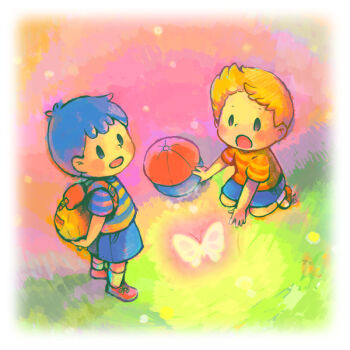 2boys artist_request black_hair child hat looking_up lucas_(mother_3) male_focus mother_(series) mother_2 mother_3 multiple_boys ness_(mother_2) nintendo shirt source_request striped_clothes striped_shirt super_smash_bros.