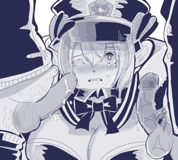 1girl 2boys bad_id bad_pixiv_id breasts chaos_gerda_(gakuen)_(grimms_notes) chaos_gerda_(grimms_notes) cleavage clenched_teeth drooling grimms_notes grimms_notes_gakuen hat huge_breasts monochrome multiple_boys odai_0715 one_eye_closed teeth