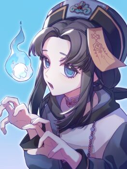 1girl bead_necklace beads black_hair black_hat blue_background blue_collar blue_eyes blue_hat blue_sleeves chinese_clothes chinese_commentary claw_pose collar commentary_request detached_collar eyelashes fang fingernails goat_(yangjun048) hanfu hat highres hitodama infinity_nikki jewelry jiangshi light_blush long_hair long_sleeves looking_at_viewer low_twintails lower_teeth_only mandarin_collar necklace nighttime_whisper_(infinity_nikki) nikki_(series) ofuda ofuda_on_head outline palms parted_bangs pointy_nose prayer_beads puffy_long_sleeves puffy_sleeves qingdai_guanmao sidelocks solo teeth twintails two-tone_hat upper_body white_hanfu white_outline