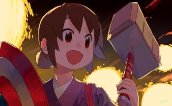 1girl :d avengers:_endgame avengers_(series) brown_eyes brown_hair captain_america hair_bun hammer highres holding holding_hammer holding_shield japanese_clothes kimono marvel marvel medium_hair mjolnir_(marvel) open_mouth parody purple_kimono ryusei_hashida seki_oriko shield single_hair_bun smile solo upper_body waka_okami_wa_shougakusei!