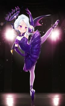 1girl absurdres alternate_costume ballerina black_horns blue_archive commentary commission comodox demon_girl demon_horns demon_wings dress elbow_gloves english_commentary full_body gloves halo hands_on_own_hips highres hina_(blue_archive) horns long_hair open_mouth pantyhose purple_dress purple_eyes purple_gloves purple_halo purple_pantyhose purple_shoes purple_wings shoes solo split standing standing_on_one_leg standing_split strapless strapless_dress tiptoes updo white_hair wings