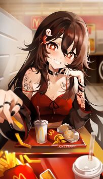 1girl alternate_costume arm_tattoo artist_name black_nails blurry blurry_background boo_tao_(genshin_impact) brown_hair casual choker contemporary cup depth_of_field disposable_cup fast_food feeding flower_tattoo food french_fries genshin_impact ghost_hair_ornament hair_down hair_ornament heart heart_choker highres hu_tao_(genshin_impact) incoming_food long_hair long_sleeves looking_at_viewer mcdonald&#039;s no_headwear pov_across_table red_eyes riffamo shoulder_tattoo smile solo tattoo x_hair_ornament