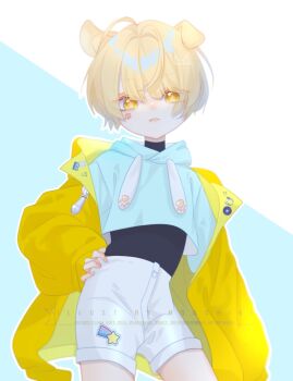 1boy animal_ears black_shirt blonde_hair blue_background blue_hoodie closed_mouth commentary cowboy_shot cropped_hoodie dog_boy dog_ears english_commentary facial_tattoo hand_on_own_hip highres hood hoodie long_sleeves looking_at_viewer male_focus mooshiki original paw_print paw_tattoo raincoat shirt short_hair shorts solo tattoo two-tone_background white_background white_shorts yellow_eyes yellow_raincoat