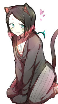 1boy animal_ears animal_hands aqua_eyes asymmetrical_bangs black_hair black_jacket black_tail blush buttons cat_ears cat_tail closed_mouth colored_tips commentary_request demon_boy enmu_(kimetsu_no_yaiba) facial_mark from_above full_body gloves grey_pants hanemuu heart highres jacket kemonomimi_mode kimetsu_no_yaiba kneeling light_blush long_sleeves looking_at_viewer male_focus medium_hair multicolored_hair pants paw_gloves pinstripe_pants pinstripe_pattern simple_background smile solo split_mouth suit_jacket symbol-shaped_pupils tail tears_facial_mark trap undershirt v_arms white_background