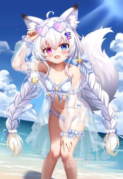 1girl :d absurdres ahoge animal_ear_fluff animal_ears artist_name beach bikini blue-framed_eyewear blue_bikini blue_eyes blue_sky braid breasts chinese_commentary cloud collarbone commentary_request day eyewear_on_head fang feet_out_of_frame fox_ears fox_girl fox_tail frilled_bikini frilled_thigh_strap frills hair_ornament heart heart-shaped_eyewear heterochromia highres knees_together_feet_apart leaning_forward long_hair looking_at_viewer navel ocean open_mouth original outdoors purple_eyes sample_watermark see-through_clothes see-through_shirt shirt skin_fang sky small_breasts smile solo standing sunglasses swimsuit tail thigh_strap twin_braids twitter_username urotsuki_(uro30) very_long_hair watermark white_bikini white_hair