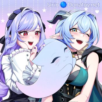 2girls ahoge animal_ears black_unitard blue_hair blush breasts cat choker drill_hair drill_sidelocks fangs ghost goat_ears goat_girl goat_horns green_eyes hair_between_eyes hairband hand_on_own_face heart highres horns key key_choker long_hair long_sleeves looking_at_viewer lucia_elowen medallion mole mole_under_eye multicolored_hair multiple_girls one_eye_closed open_mouth pink_background pointy_ears purple_hair purple_hairband red_eyes shirt short_hair sidelocks sirin_(sirinshome) smile star_(symbol) streaked_hair teeth upper_teeth_only vivian_banshee yellow_eyes zenless_zone_zero