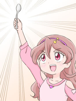 1girl :d arm_up bare_shoulders blush bow brown_background brown_hair clothing_cutout collarbone commentary double-parted_bangs eighth_note emphasis_lines fortissimo gradient_background hair_between_eyes hair_ornament hairband holding holding_spoon kimi_to_idol_precure long_hair long_sleeves musical_note musical_note_hair_ornament open_mouth parody pink_bow pink_hairband pink_shirt precure red_eyes sakura_uta_(precure) shirt shoulder_cutout simple_background sleeve_bow smile solo spoon teeth three-quarter_sleeves two-tone_background ultra_series ultraman_(1st_series) upper_body upper_teeth_only white_background yoshimi50