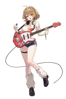 Rule 34 | 1girl, absurdres, ahoge, anis (nikke), bare shoulders, black shoes, black shorts, breasts, bridal gauntlets, brown hair, cleavage, crop top, cutoffs, denim, denim shorts, electric guitar, full body, goddess of victory: nikke, guitar, hair ornament, headphones, headphones around neck, highres, holding, holding instrument, holding plectrum, instrument, jacket, large breasts, loose socks, micro shorts, midriff, off shoulder, open clothes, open fly, open jacket, open mouth, orange eyes, pekoku (tamago sushi), plectrum, shoes, short hair, short shorts, shorts, simple background, smile, socks, solo, sweater, thigh strap, thighs, white background, white socks, white sweater