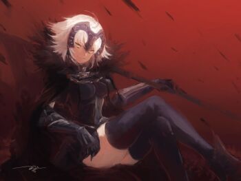 1girl armor armored_dress breasts cape dress fate/grand_order fate_(series) gauntlets headpiece highres jeanne_d'arc_alter_(avenger)_(fate) jeanne_d'arc_alter_(fate) kouzuki_kei looking_at_viewer medium_breasts sitting smile solo thighhighs white_hair yellow_eyes
