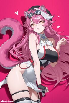 1girl animal_ear_fluff animal_ears bare_shoulders breasts cleavage commentary_request dress from_side hair_between_eyes hand_up heart helloimtea highres hololive hololive_english large_breasts leaning_forward long_hair looking_at_viewer panther_ears panther_girl panther_tail parted_lips patreon_username pink_background pink_hair raora_panthera raora_panthera_(1st_costume) sleeveless sleeveless_dress solo tail thighhighs very_long_hair virtual_youtuber white_thighhighs yellow_eyes