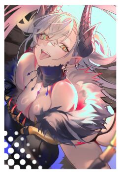 1girl babydoll bare_shoulders black_babydoll black_panties black_thighhighs body_markings breasts cleavage crossed_bangs demon_girl demon_horns detached_collar earrings fate/grand_order fate_(series) feathered_wings fur_trim green_eyes grey_hair hair_between_eyes hiro_(hirohiro_gorira) horns jewelry lace_trim lilith_(fate) lilith_(third_ascension)_(fate) long_hair long_sleeves looking_at_viewer medium_breasts open_mouth panties pointy_ears puffy_long_sleeves puffy_sleeves skeletal_tail solo stomach_tattoo tail tattoo thighhighs thighs tongue tongue_out underwear very_long_hair wings