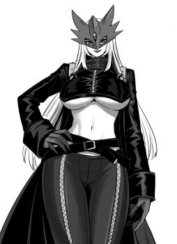 1girl beelstarmon belt breasts crop_top digimon digimon_(creature) fake_claws gegegekman greyscale hand_on_own_hip highres large_breasts long_hair looking_at_viewer mask monochrome monster_girl multiple_belts navel scarf smile solo third_eye underboob zipper