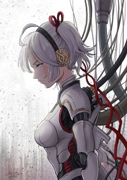 1girl absurdres ahoge android black_hairband blue_eyes breasts camellya_(wuthering_waves) chucky_(chucky1000sun) closed_mouth commentary cyberpunk_(series) cyberpunk:_edgerunners from_side hair_ribbon hair_vines hairband highres looking_ahead medium_breasts profile red_ribbon ribbon short_hair signature solo upper_body white_hair wire wuthering_waves