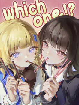 2girls absurdres black_choker black_collar black_hair black_shirt blue_sash chigusa7h chisa_(wuthering_waves) choker collar commentary_request dated english_text fingernails food food_in_mouth hair_ornament highres holding holding_food holding_pocky long_hair long_sleeves looking_at_viewer mole mole_under_eye multiple_girls no_headwear parted_lips phoebe_(wuthering_waves) pink_background pocky pocky_day pocky_in_mouth purple_eyes red_eyes sailor_collar sash shirt strawberry_pocky upper_body white_sailor_collar white_shirt wuthering_waves x_hair_ornament