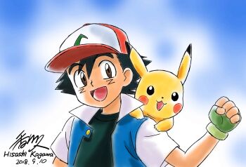 Rule 34 | 1boy, 2018, animal, animal on shoulder, ash ketchum, baseball cap, black hair, brown eyes, clenched hand, dated, fingerless gloves, gen 1 pokemon, gloves, hat, highres, kagawa hisashi, nintendo, open mouth, pikachu, pokemon, pokemon (anime), pokemon (creature), short hair, short sleeves, signature, smile, tagme, undershirt, upper body