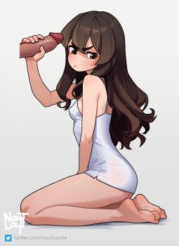 1girl ass averting_eyes barefoot between_legs blush breasts brown_eyes brown_hair camisole commentary covered_erect_nipples dark_penis english_commentary feet fingernails full_body furrowed_brow hand_between_legs handjob hetero highres iona_(nayt_layt) kneeling long_hair looking_down nayt_layt original penis perky_breasts petite pout small_breasts soles solo_focus spaghetti_strap thick_eyebrows toes uncensored underbutt unfinished white_camisole